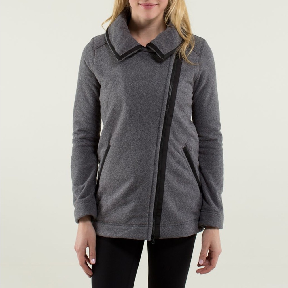 LULULEMON Moto Fall Jacket Ambient Grey Black Fleece Zip Asymmetrical Biker Coat